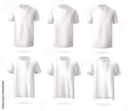 Set of white summer t-shirts isolated on transparent background. Realistic vector illustration of casual clothing for fashion, apparel, and wardrobe design