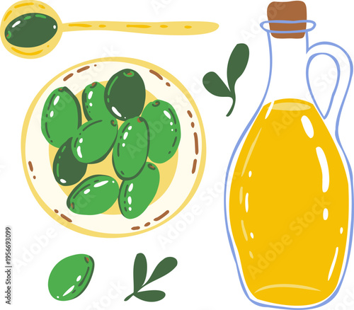 Olive Oil Bottle with Green Olives in Bowl and Spoon, Mediterranean Healthy Food Illustration, Flat Vector Cartoon Style Cooking Ingredient Concept for Kitchen, Diet and Organic Lifestyle