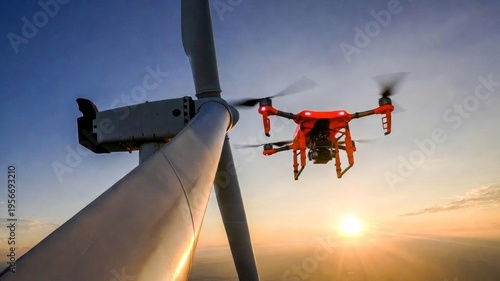 Inspection Drone Flying Close to Wind Turbine Blade at Sunset