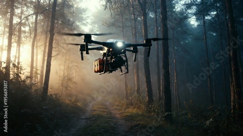 Rescue Drone Equipped with Spotlight and Emergency Kit Flying in Forest
