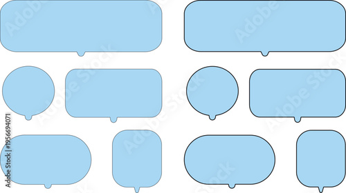 Collection of various light blue speech and thought bubbles on transparent background..A versatile collection of ten bright sky blue speech bubbles in various shapes, including rounded rectangles,.
