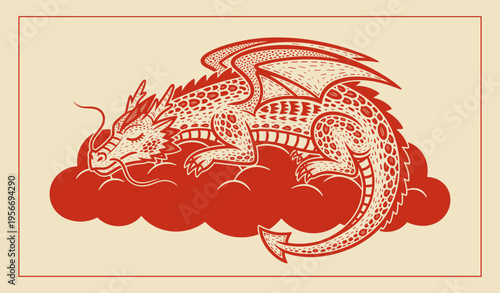 Sleeping Red Dragon on a Cloud Illustration