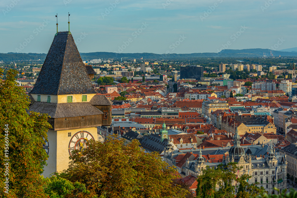Obraz premium Panorama view of Graz in Austria with famous clock tower
