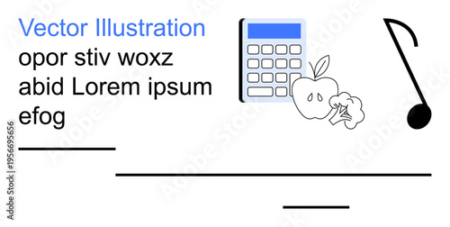 Education, learning, creativity, mathematics, healthy lifestyle, and music. Visuals include a calculator, apple broccoli and musical note. Education and learning concept