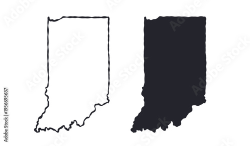 Indiana USA state map silhouette and outline map. Vector shapes of us state, isolated on white. Perfect for infographics, geography design, education, and maps.