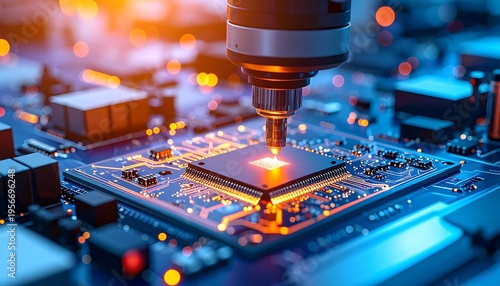 Obraz na płótnie レーザー装置が電子基板上で精密加工を行うハイテク工場の最先端製造シーン