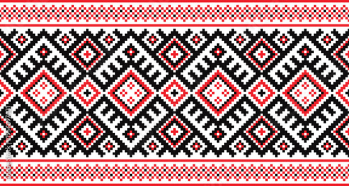 Intricate Ukrainian Border Vector Red and Black Geometric Diamond Ornament, Traditional Slavic Folk Pixel Art Pattern Embroidery Design. Perfect for decorative garment edges, textile ribbons, cultural