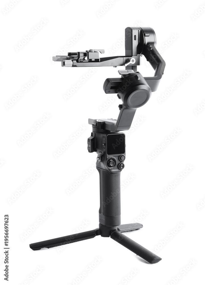 Naklejka premium Gimbal stabilizer isolated on white. Professional filming equipment