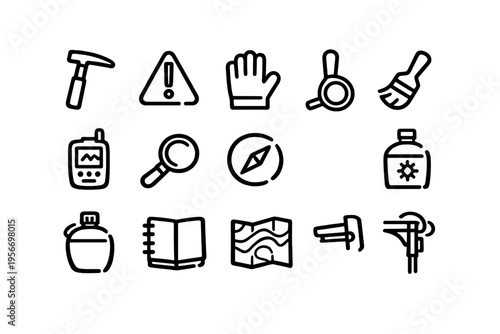 Geology and archaeology field research equipment icons including rock hammer compass map and magnifying glass on white background