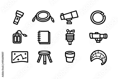 Astronomy and stargazing equipment icon set featuring telescope star map tripod flashlight and notebook for amateur astronomers