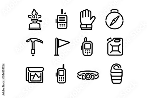 Outdoor adventure and camping equipment icons featuring compass walkie talkie headlamp ice axe and sleeping bag for hiking trips