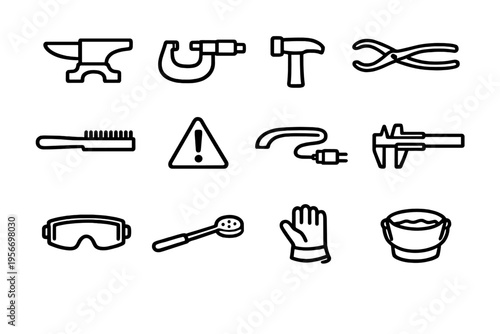 Black line icons of metalworking tools including anvil hammer tongs micrometer caliper safety goggles and protective glove on white