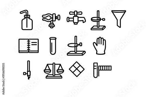 Laboratory equipment icons featuring test tube balance scale funnel and protective glove for scientific research and education