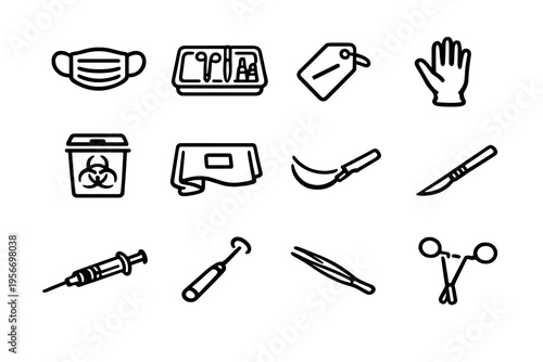 Medical and surgical equipment icons set including scalpel syringe mask glove and biohazard container for healthcare and hospital use