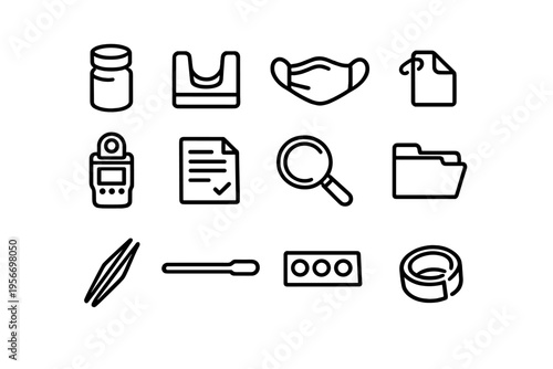 Collection of medical and forensic laboratory equipment icons including face mask magnifying glass and evidence tags on white background