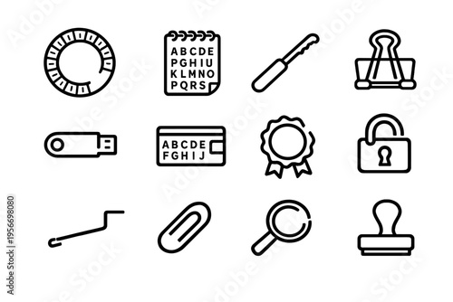 Collection of and business line icons featuring paperclip binder clip magnifying glass padlock and usb drive on white background