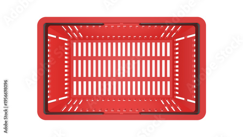 Empty Plastic shopping basket. Red store empty basket. Supermarket shopping cart. Top view.