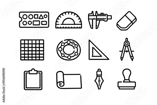 Engineering and drafting tools icons set including protractor caliper compass and blueprint for technical design and architecture projects