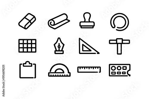 Set of minimalist line icons for art design and supplies including ruler pen nib and clipboard on white background