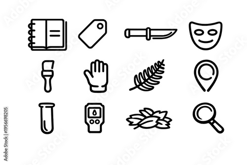 Set of black line icons including notebook price tag knife theater mask paintbrush glove fern leaf map pin test tube and magnifying glass
