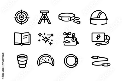 Collection of black outline icons featuring engineering tools safety gear power supply and measurement symbols on white background