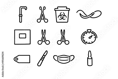 Surgical equipment and medical tools line icon set including scalpel scissors face mask and biohazard container for healthcare concepts