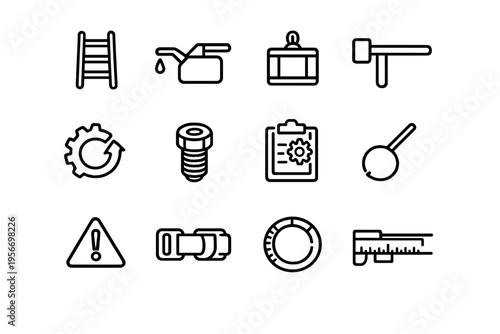 Collection of industrial maintenance and construction tool icons including ladder gear bolt and caliper on white background