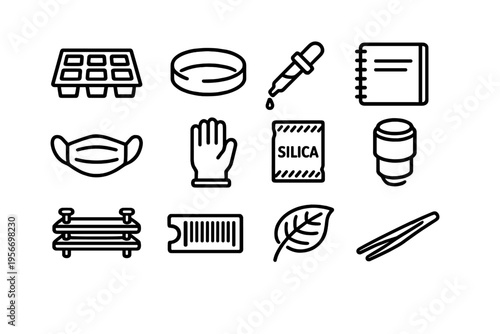 Laboratory equipment and botany research icons set including petri dish pipette face mask glove silica packet leaf and tweezers