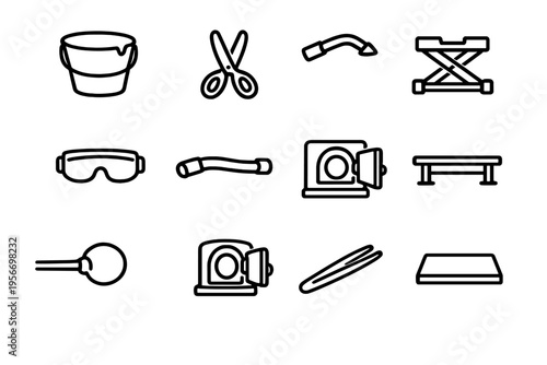 Glassblowing workshop tools and equipment icons including furnace blowpipe shears and safety goggles on white background