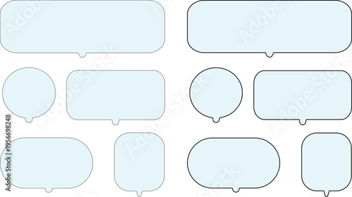 Collection of various light blue speech and thought bubbles on transparent background..A versatile collection of ten bright sky blue speech bubbles in various shapes, including rounded rectangles,.