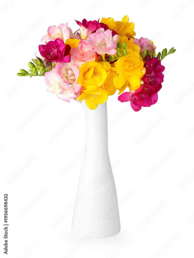 Obraz premium Beautiful freesia flowers in vase isolated on white