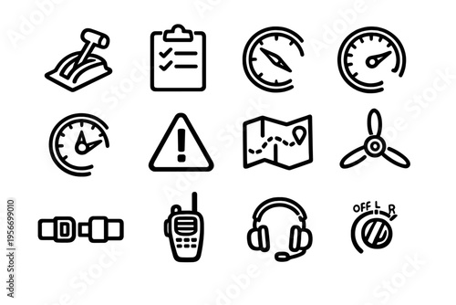 Collection of aviation and transportation line icons featuring cockpit instruments navigation tools and safety equipment on white background