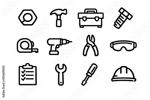 Set of construction hand tools and safety equipment icons including hammer wrench screwdriver drill and hard hat on white background