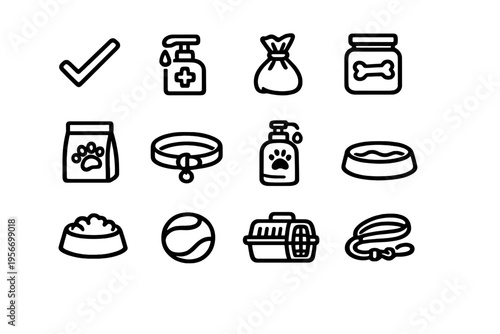Set of pet care and animal supply icons featuring food bowls collar leash carrier and grooming products on white background