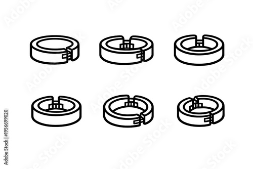 Collection of mechanical shaft collar symbols with locking joints and circular ring shapes for industrial hardware diagrams