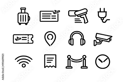 Set of airport and travel icons including suitcase boarding pass security camera and wifi symbols for transportation and tourism services