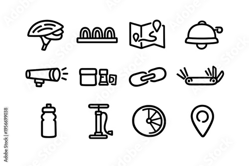 Set of cycling equipment icons including helmet bike pump water bottle and map for outdoor sports and active lifestyle activities