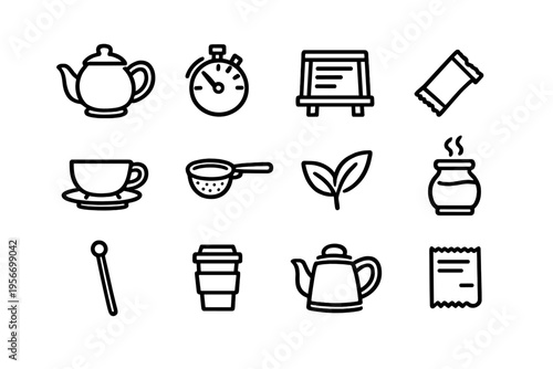 Collection of tea and coffee shop line icons featuring teapots cups leaves and cafe equipment on white background