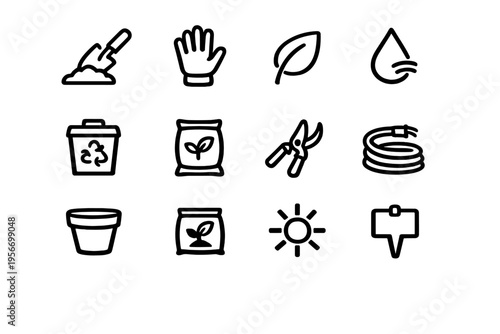 Set of minimalist black line gardening icons featuring trowel glove leaf water drop recycle bin fertilizer shears hose pot sun and plant tag