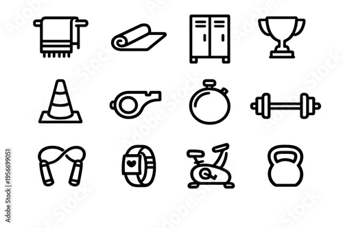 Set of fitness and gym equipment icons including barbell kettlebell stopwatch and exercise bike for sports training and workout tracking