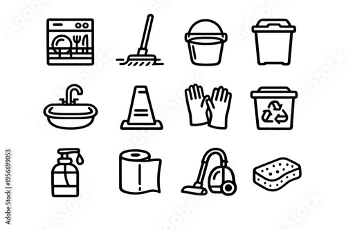 Set of cleaning and sanitation icons including vacuum cleaner soap dispenser sponge bucket and recycling bin on white background
