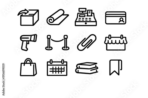 Minimalist black line icons for retail business shopping and supplies including cash register credit card and shopping bag