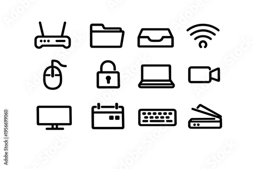 Set of computer hardware and technology line icons including laptop monitor keyboard mouse router and calendar