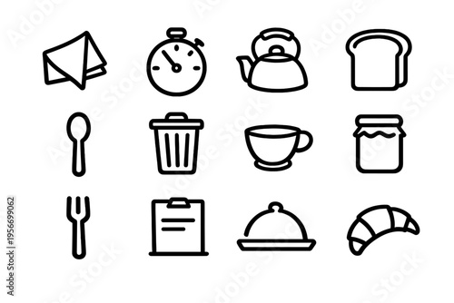 Collection of kitchen and dining line icons including food items and restaurant equipment on a white background