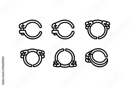 Set of industrial metal hose clamp icons for plumbing and automotive repair isolated on white background