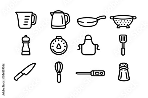 Collection of kitchen utensils and cooking tools icons including knife whisk spatula apron kettle and measuring cup on white background