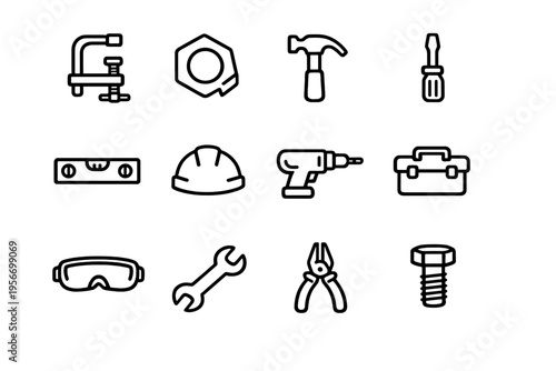 Collection of construction hand tools and safety equipment icons including hammer wrench screwdriver drill and hard hat on white background