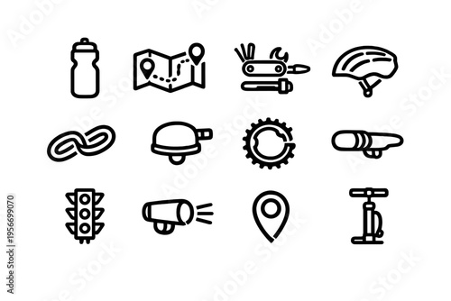 Set of bicycle accessories and cycling equipment icons including helmet pump water bottle map and tools for outdoor sports activities