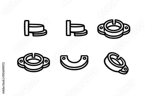 Set of industrial pipe clamp icons and mechanical flange hardware components for plumbing and engineering projects