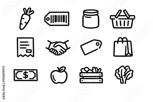 Set of grocery shopping and commerce icons featuring fresh produce food items retail symbols and business handshake on white background